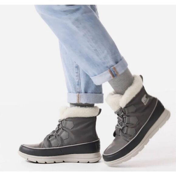 SOREL Explorer Carnival Waterproof Boots Gray Faux Fur Collar Quarry Size 8 - Picture 1 of 10